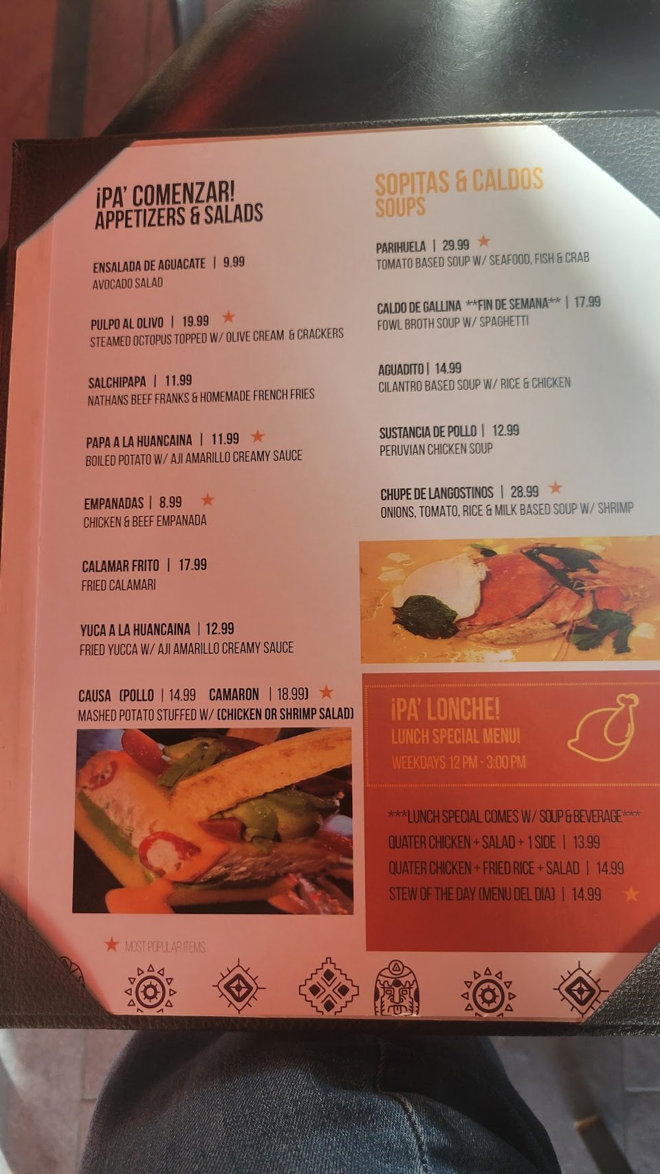 Printed menu page with appetizers listed.