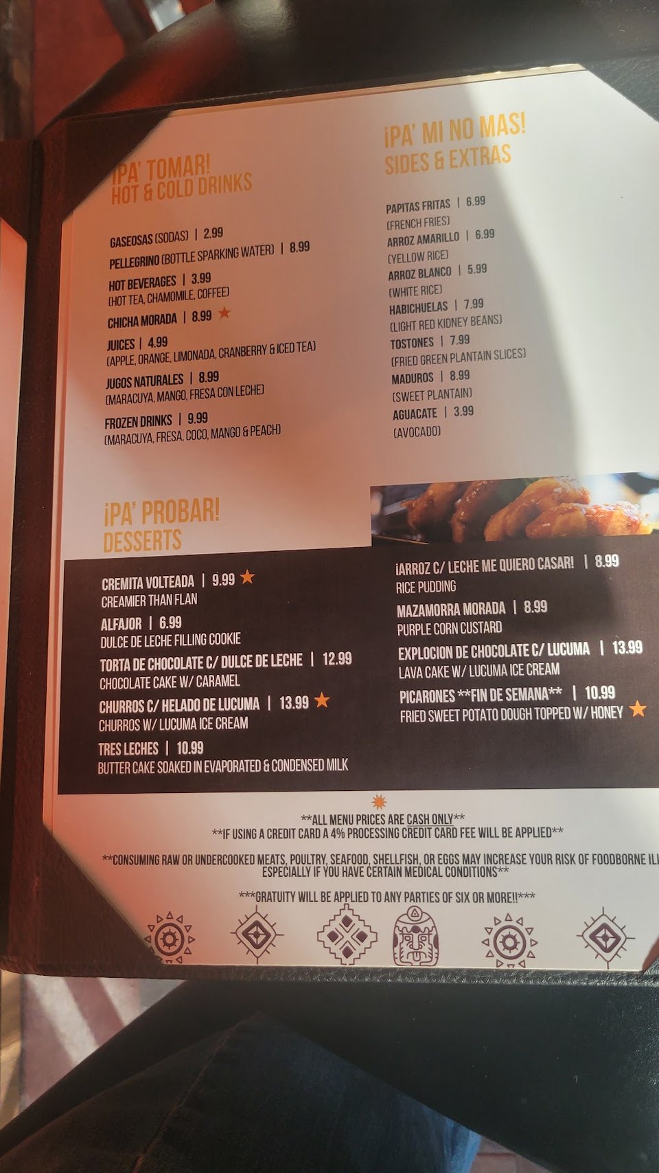 Restaurant menu layout with clean section headings.